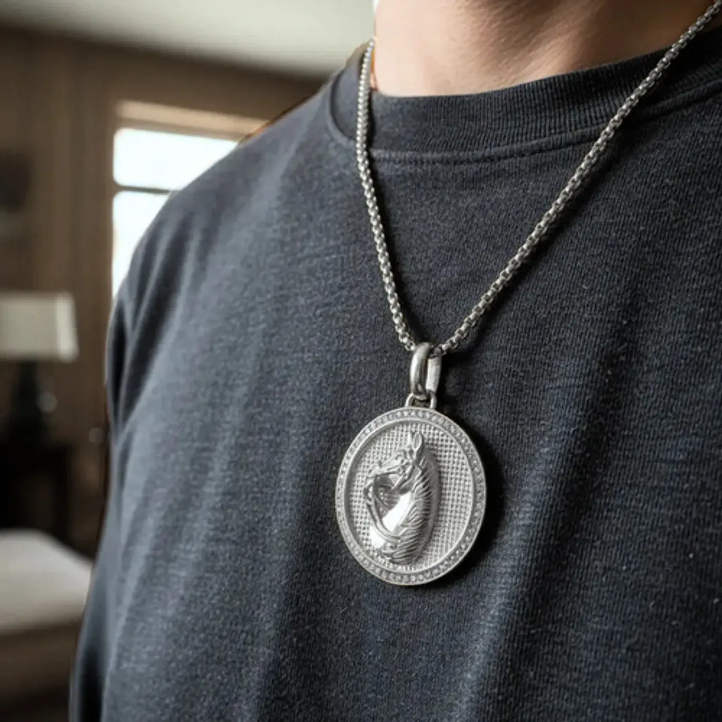 Collar En Acero Dorado Para Hombres Dije Caballo Piedras 18