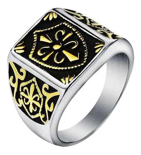 Anillo Escudo Flor De Lis Color Oro Acero Inoxidable Hombre