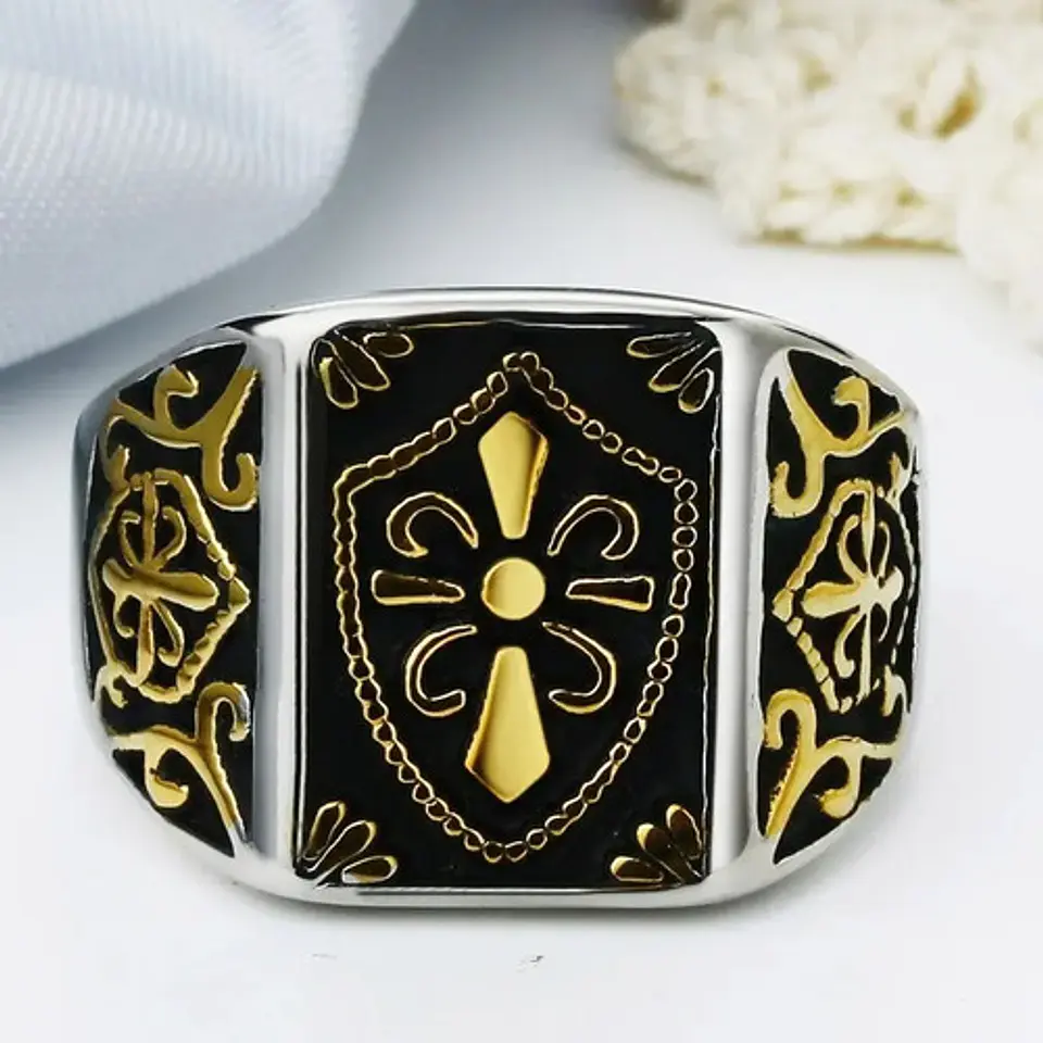 Anillo Escudo Flor De Lis Color Oro Acero Inoxidable Hombre 2