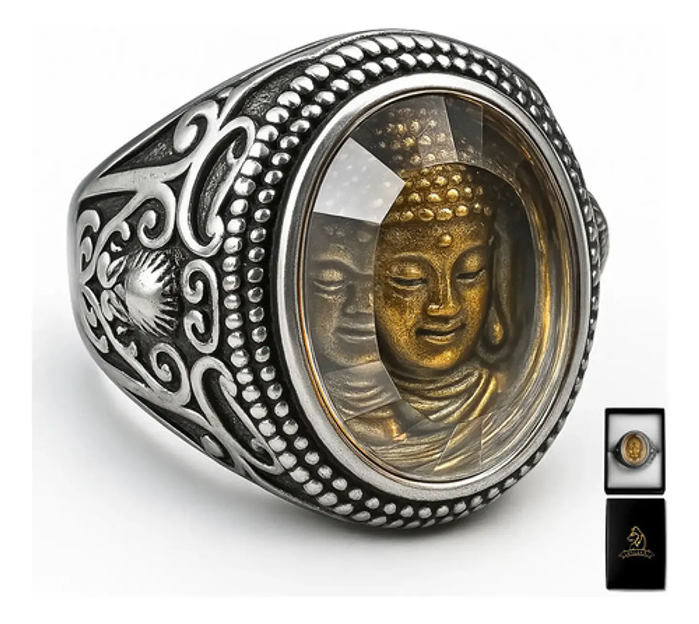 Anillo Cúpula Buda Color Plata Acero Inoxidable Hombre Mujer 1