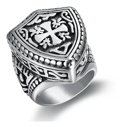 Anillo Escudo Cruz Color Plata Acero Inoxidable Para Hombre