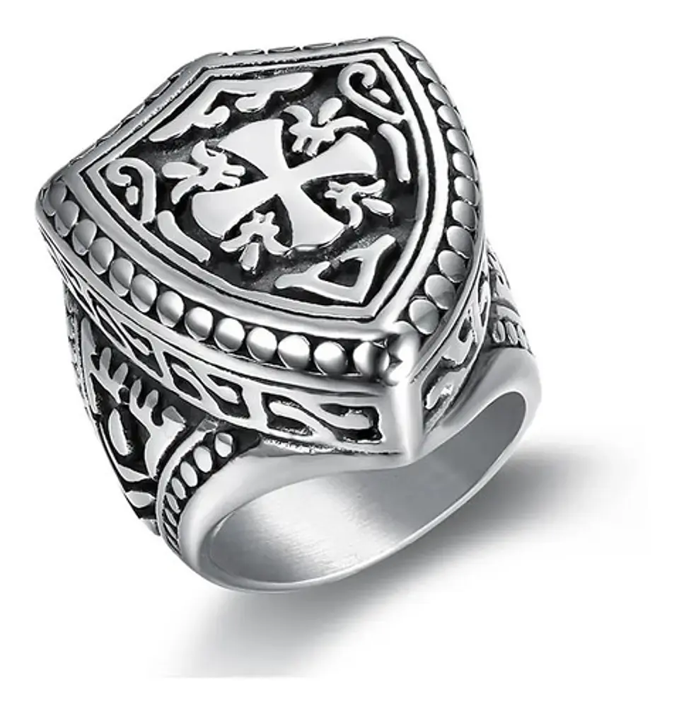Anillo Escudo Cruz Color Plata Acero Inoxidable Para Hombre 1