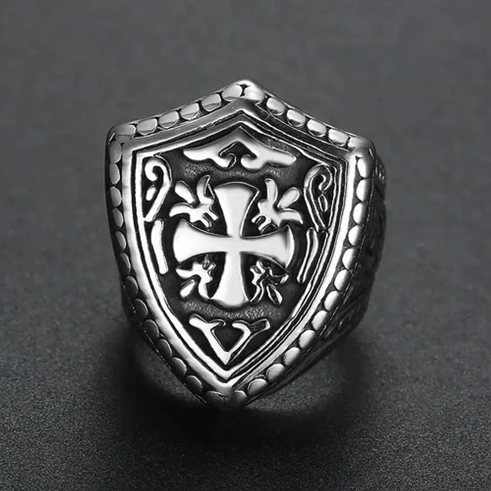Anillo Escudo Cruz Color Plata Acero Inoxidable Para Hombre 4