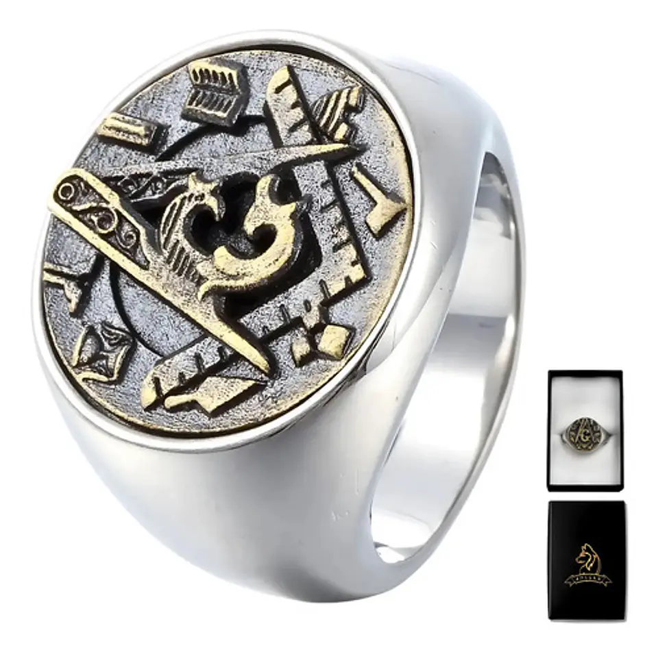 Anillo Hombre Símbolo Masón Masonería De Acero Color Plata 1