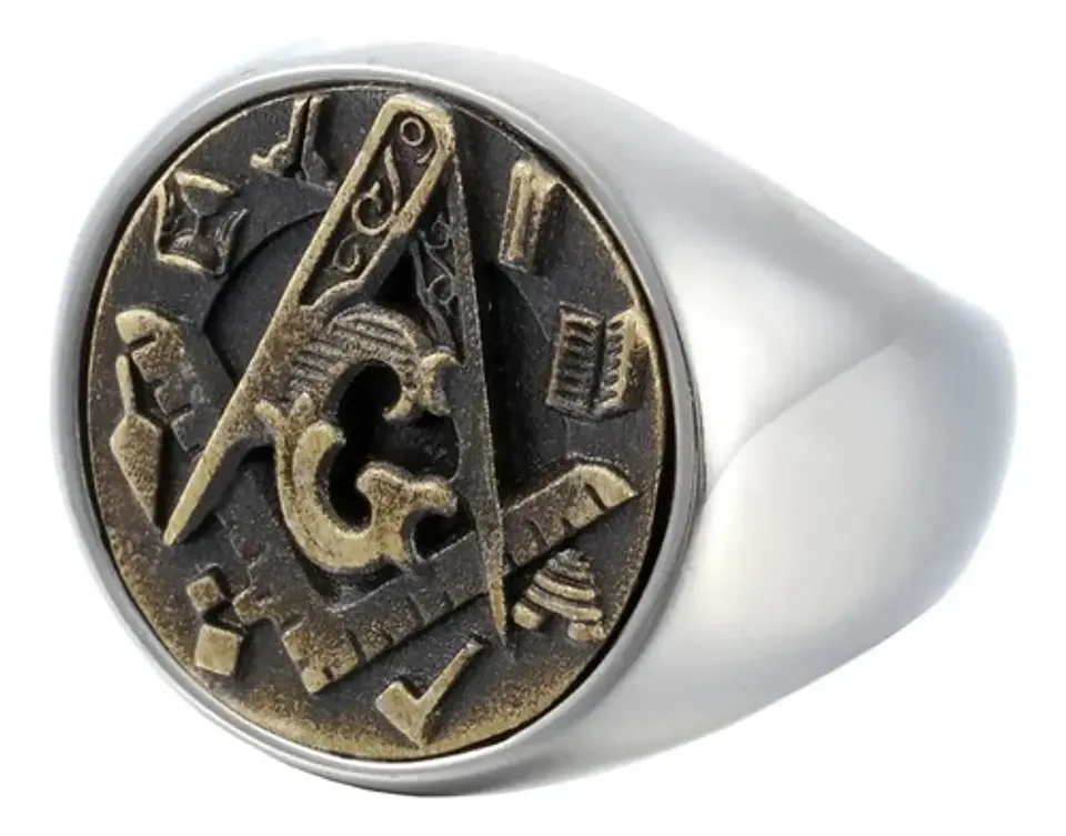Anillo Hombre Símbolo Masón Masonería De Acero Color Plata 3