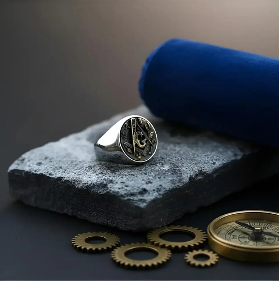 Anillo Hombre Símbolo Masón Masonería De Acero Color Plata 7