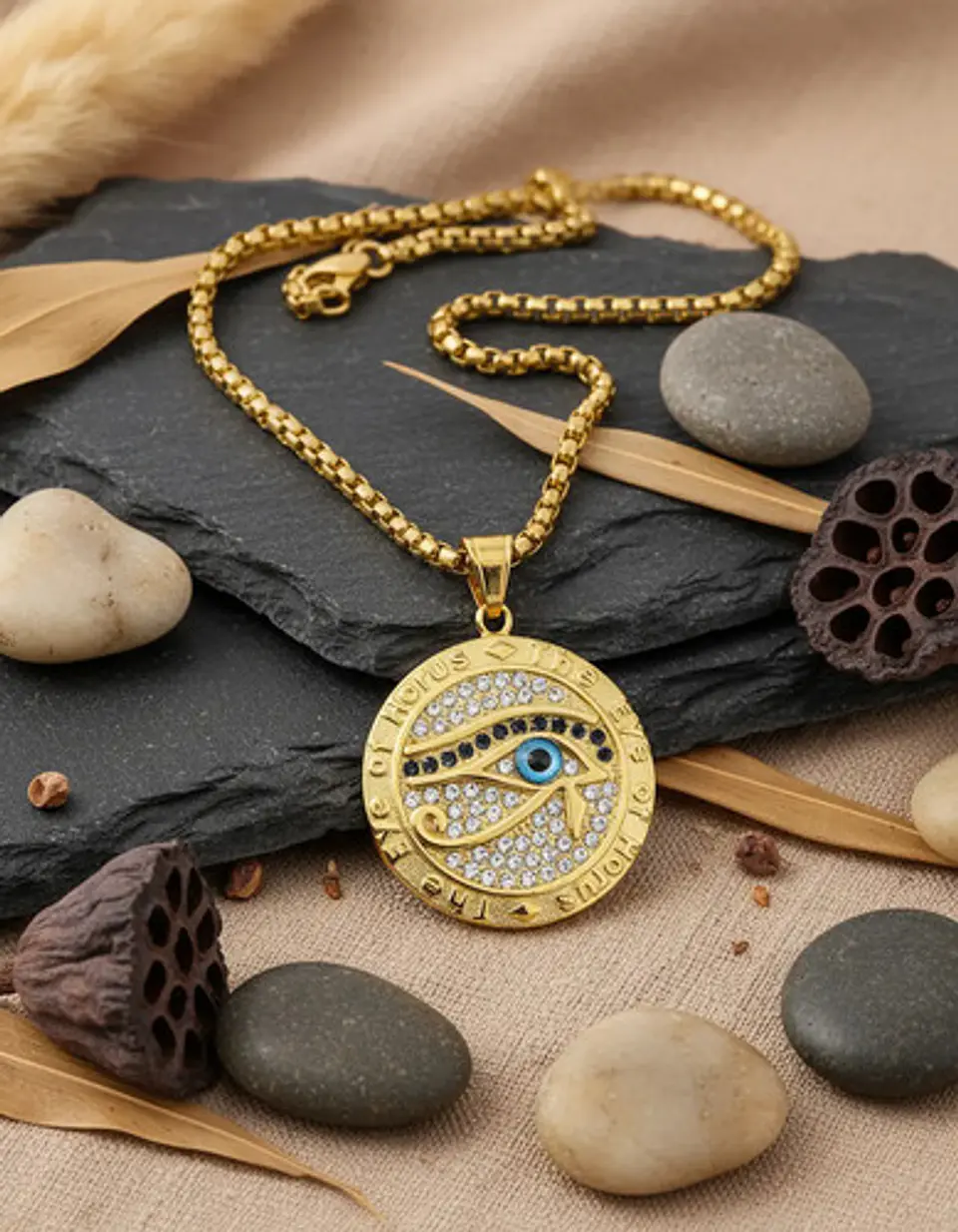 Collar Hombre Dije Piedras Ojo De Horus Color Oro De Acero 5