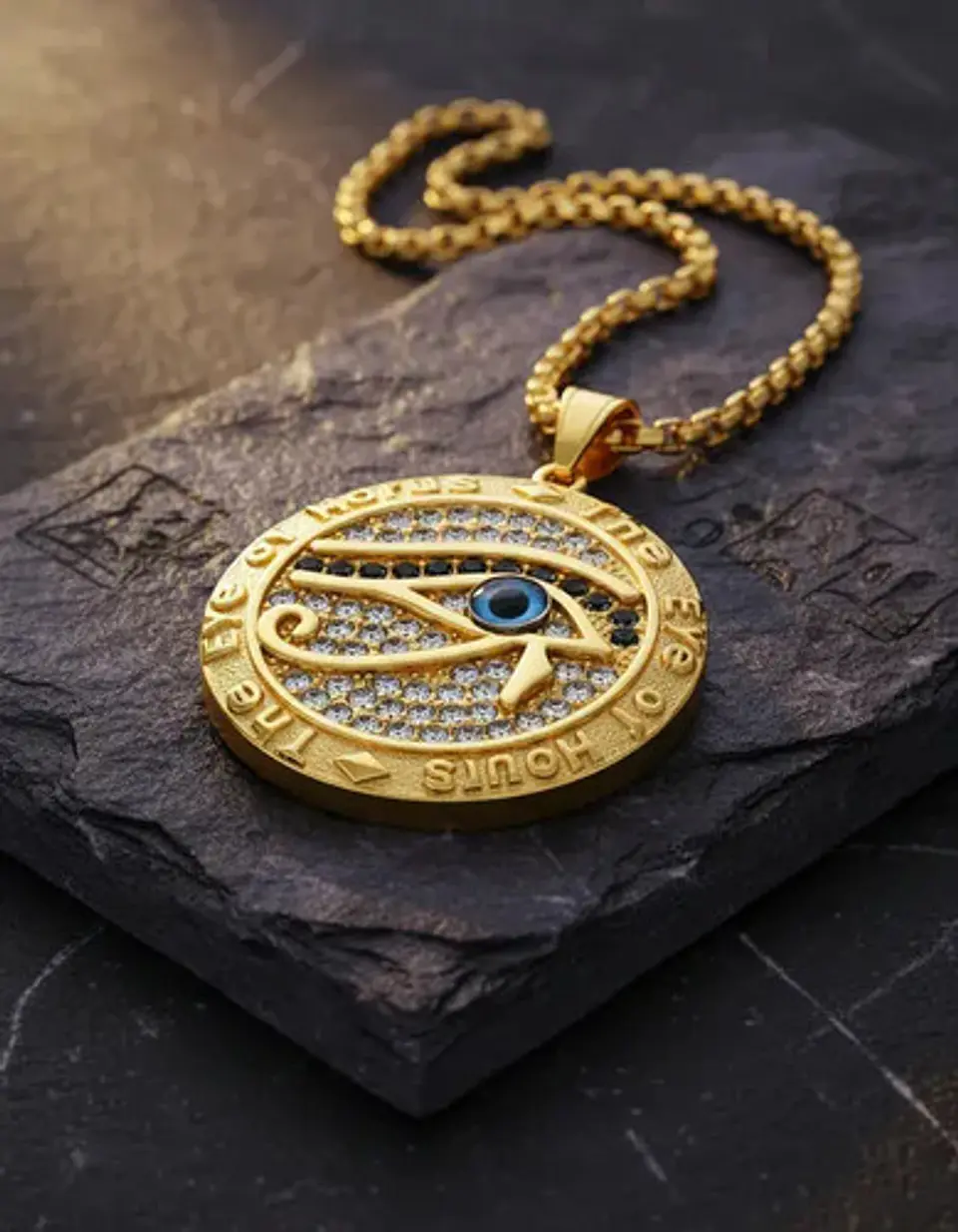 Collar Hombre Dije Piedras Ojo De Horus Color Oro De Acero 6