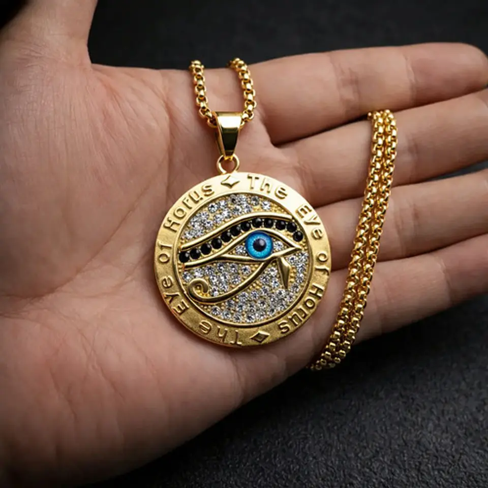 Collar Hombre Dije Piedras Ojo De Horus Color Oro De Acero 7