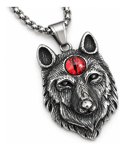 Collar Vikingo En Acero Cadena Para Hombre Dije Lobo Con Ojo