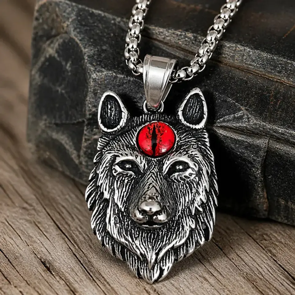 Collar Vikingo En Acero Cadena Para Hombre Dije Lobo Con Ojo 2