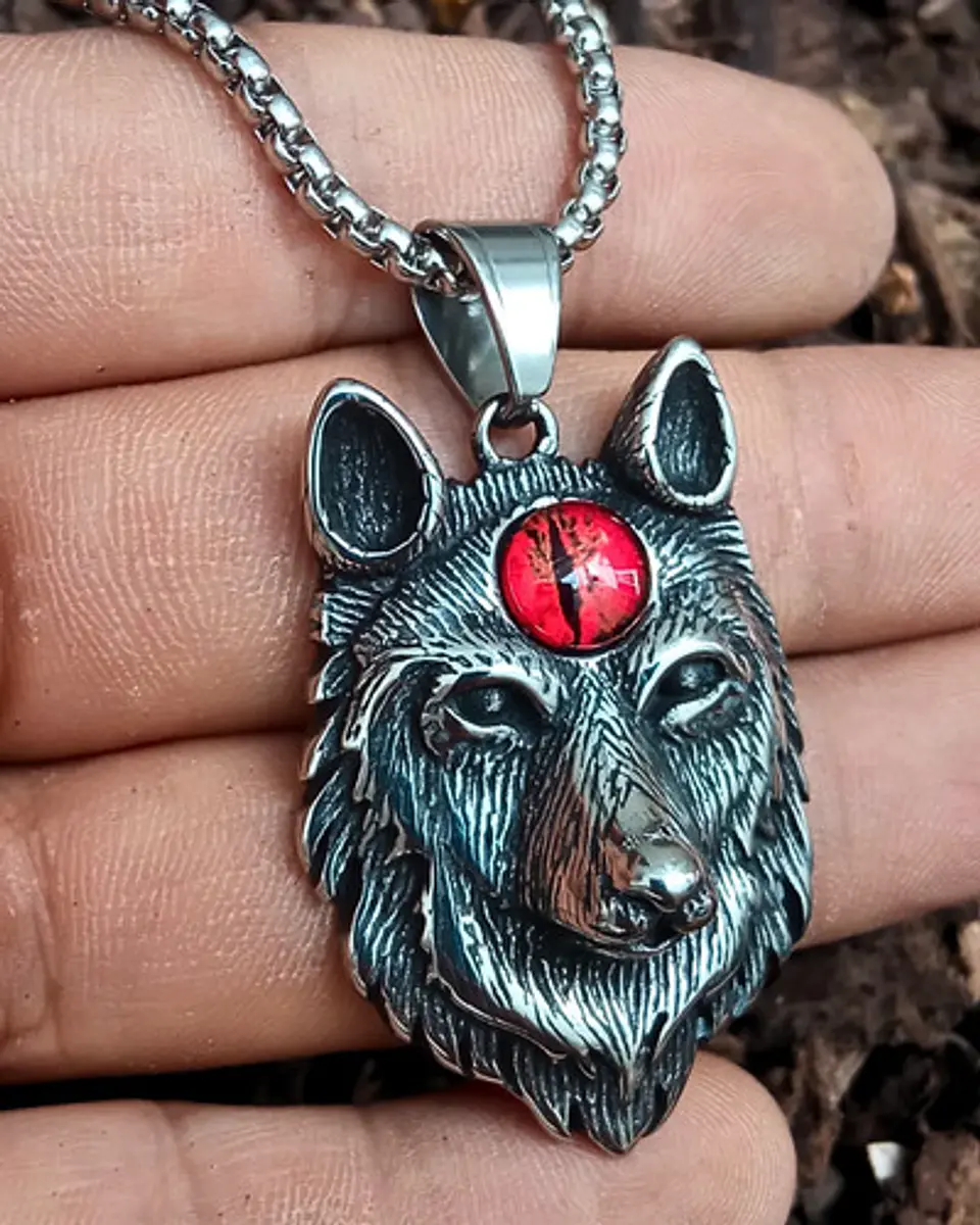 Collar Vikingo En Acero Cadena Para Hombre Dije Lobo Con Ojo 5