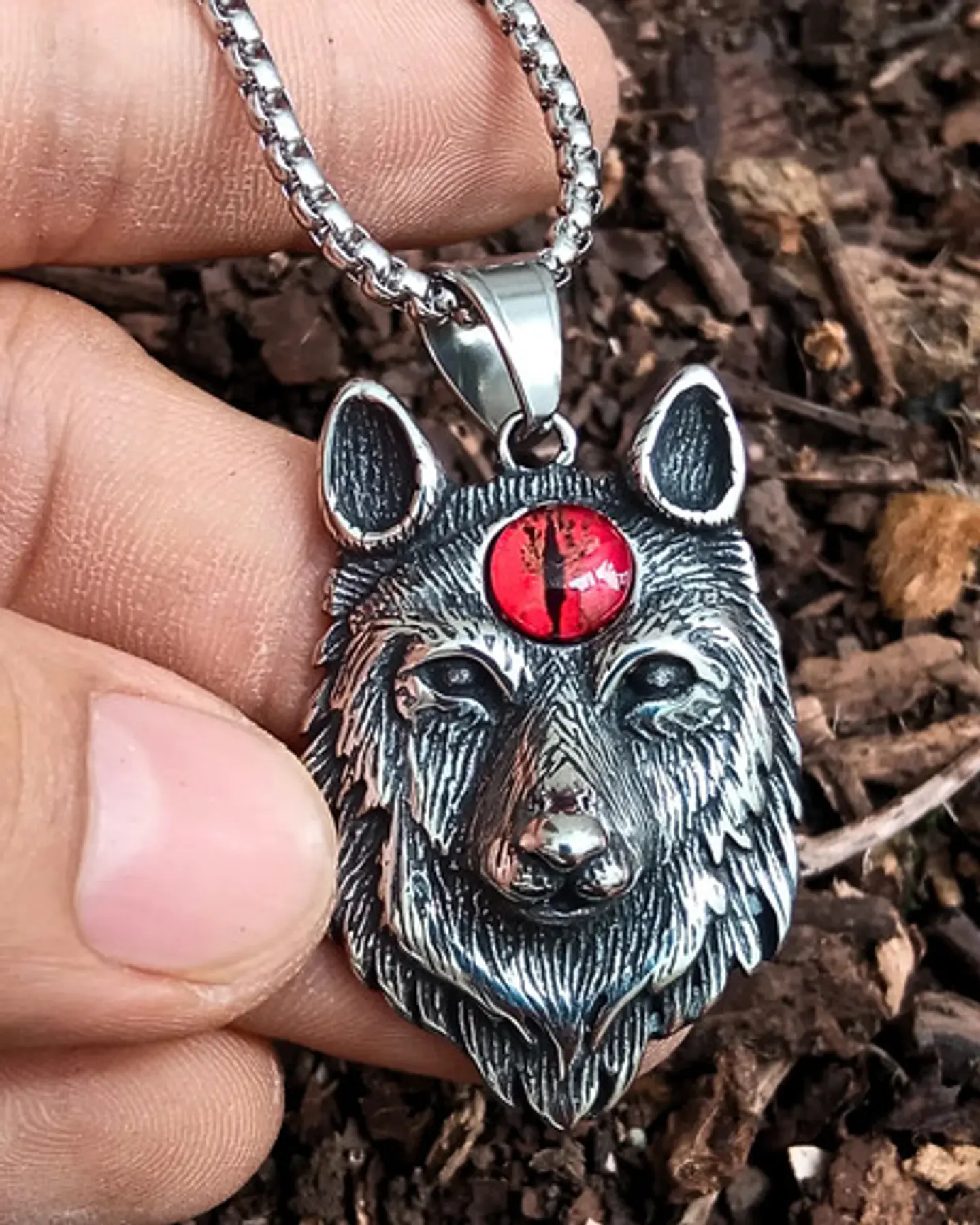 Collar Vikingo En Acero Cadena Para Hombre Dije Lobo Con Ojo 6