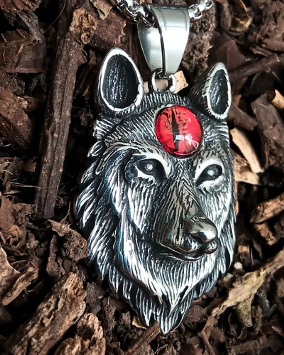 Collar Vikingo En Acero Cadena Para Hombre Dije Lobo Con Ojo 7