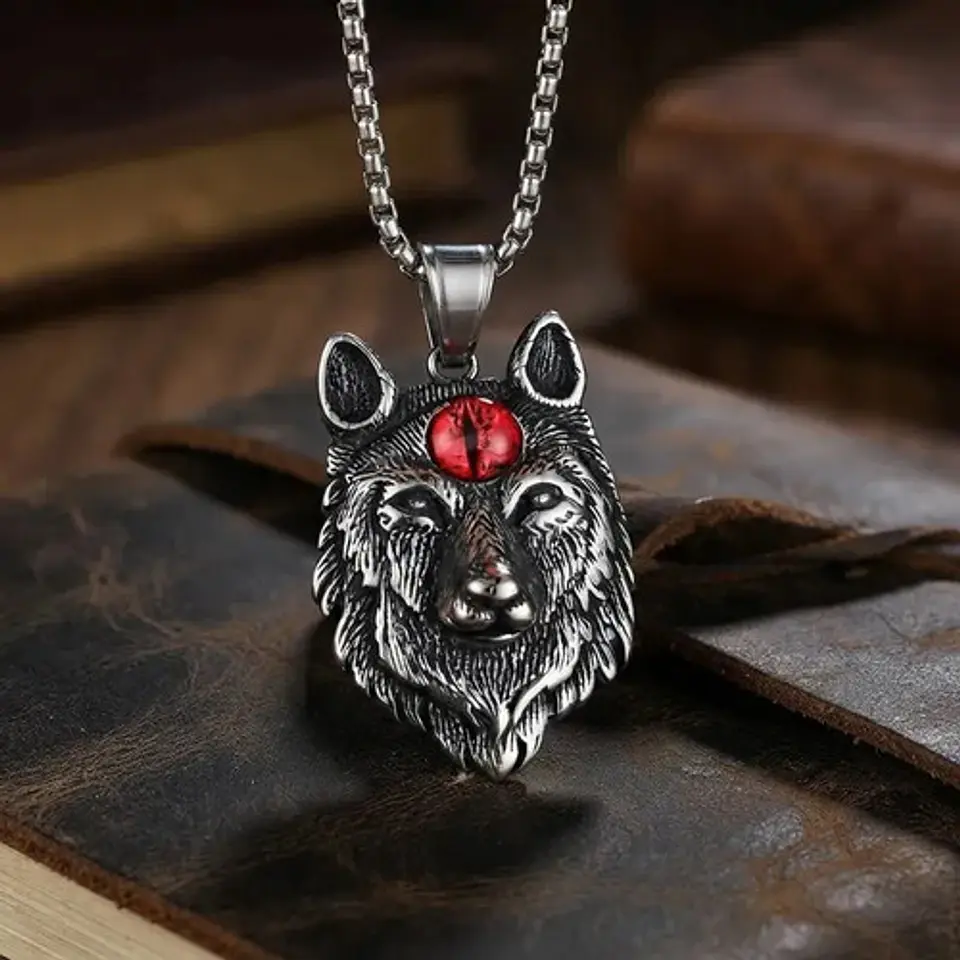 Collar Vikingo En Acero Cadena Para Hombre Dije Lobo Con Ojo 9