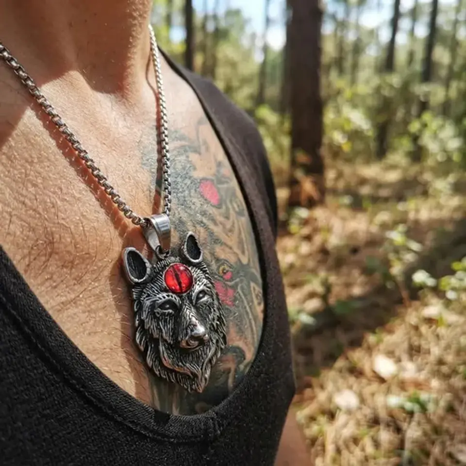 Collar Vikingo En Acero Cadena Para Hombre Dije Lobo Con Ojo 12