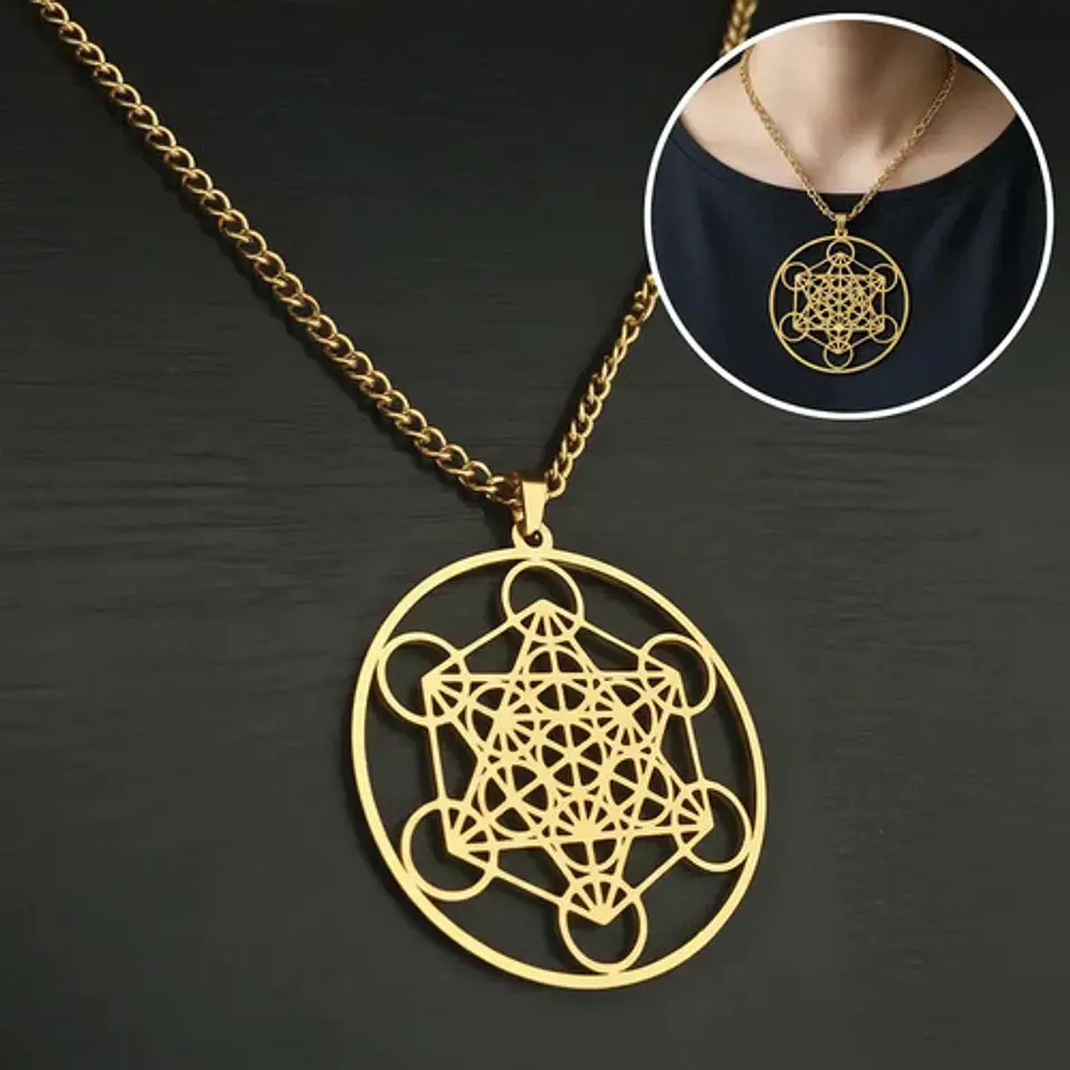 Collar De Acero Para Hombre Mujer Dije Cubo Metatrón Sagrado 5