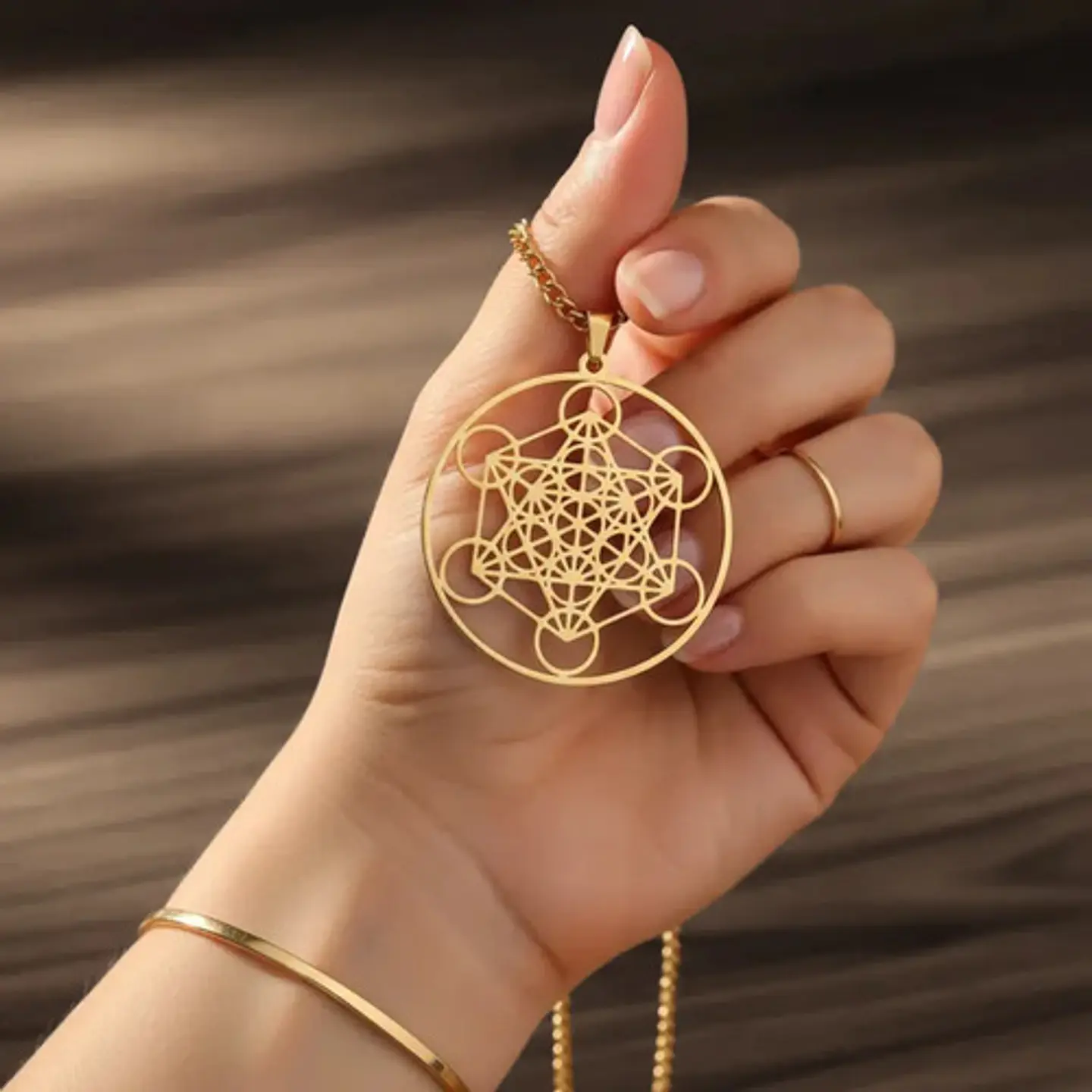 Collar De Acero Para Hombre Mujer Dije Cubo Metatrón Sagrado 10