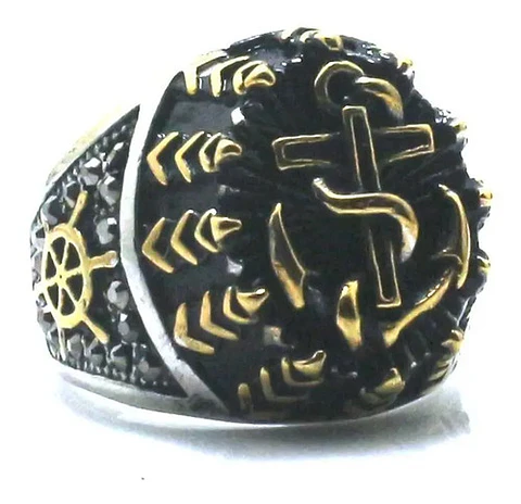 Anillo Militar Ancla Marina Plateado Acero Inoxidable Hombre