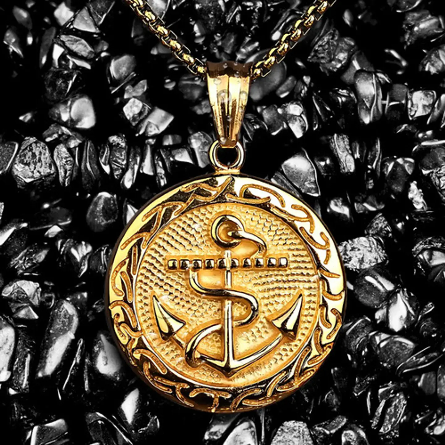 Collar Ancla Militar Marin Color Oro Acero Inoxidable Hombre 4