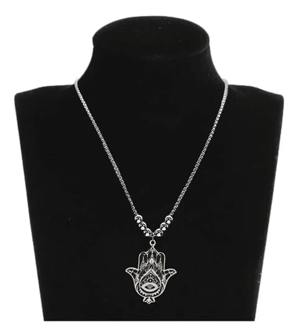Collar Mano Hamsa Color Plata Acero Inoxidable Hombre Mujer 3