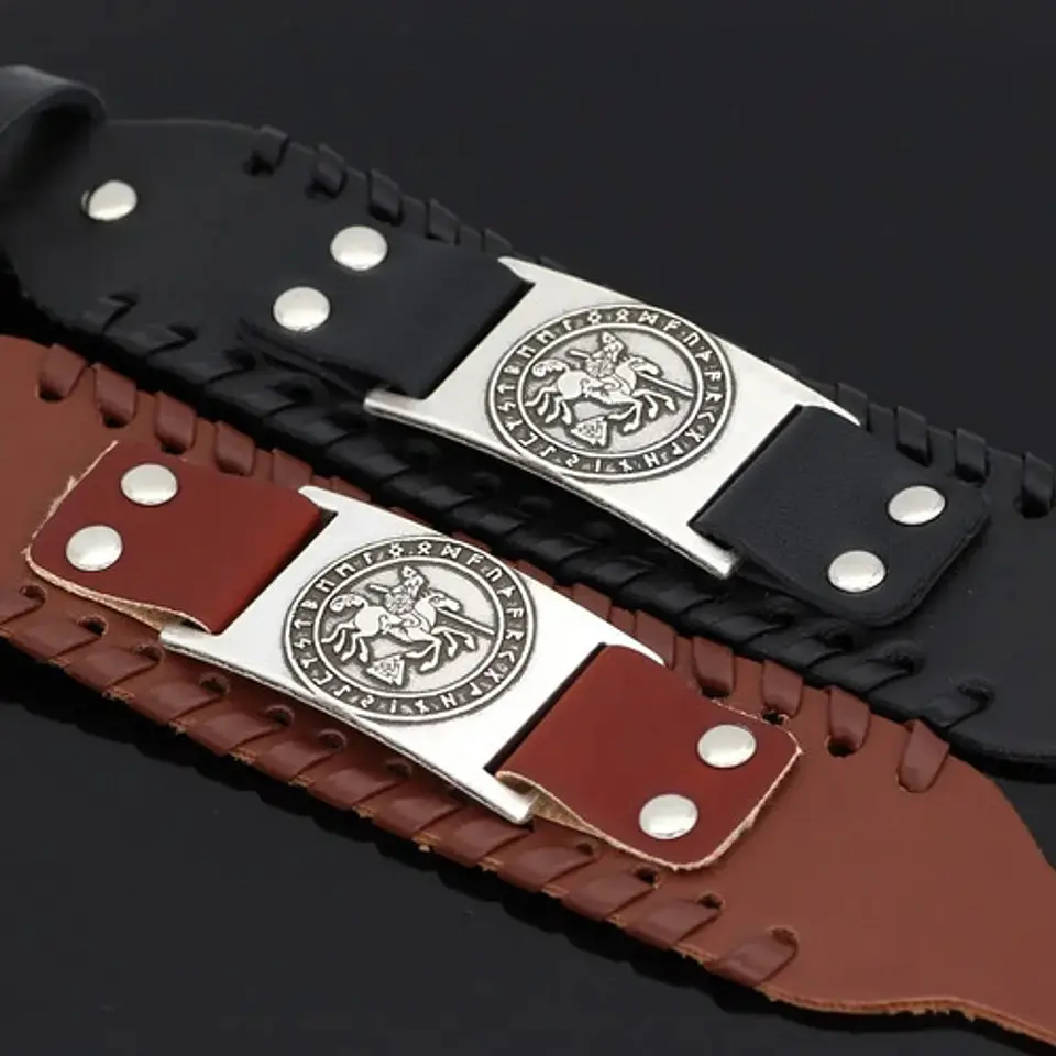 Pulsera Brazalete Cuero Vikingo Caballo Sleipnir Para Hombre 4