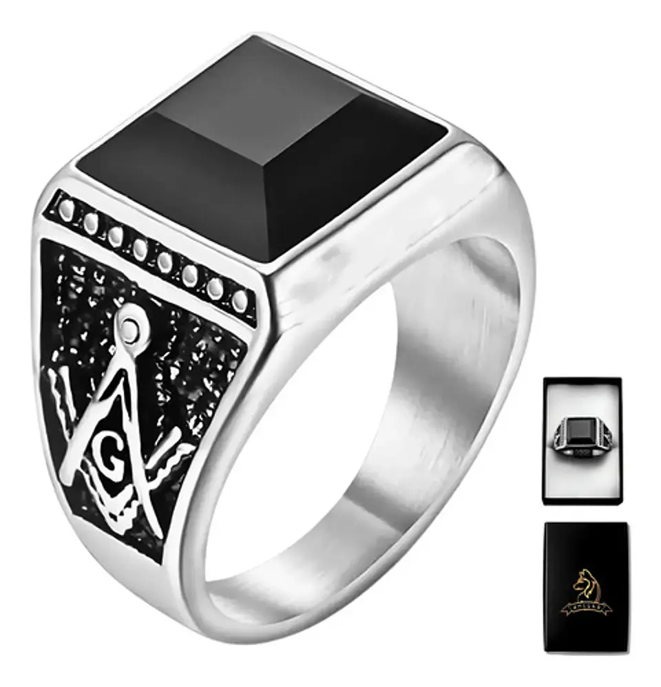 Anillo De Acero Para Hombre Masón Masonería Piedra Negra Cz 1