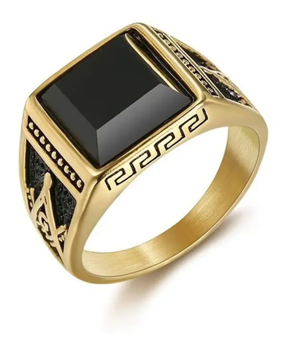 Anillo De Acero Para Hombre Masón Masonería Piedra Negra Cz 9