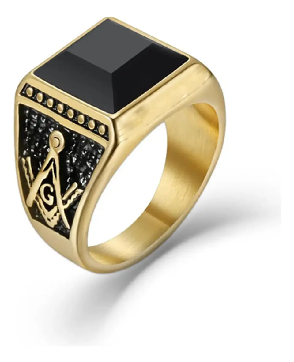 Anillo De Acero Para Hombre Masón Masonería Piedra Negra Cz 10