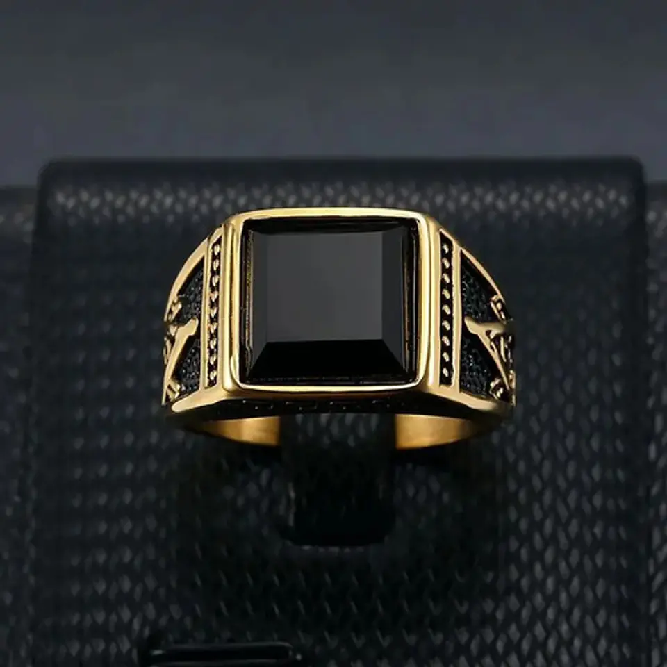 Anillo De Acero Para Hombre Masón Masonería Piedra Negra Cz 11