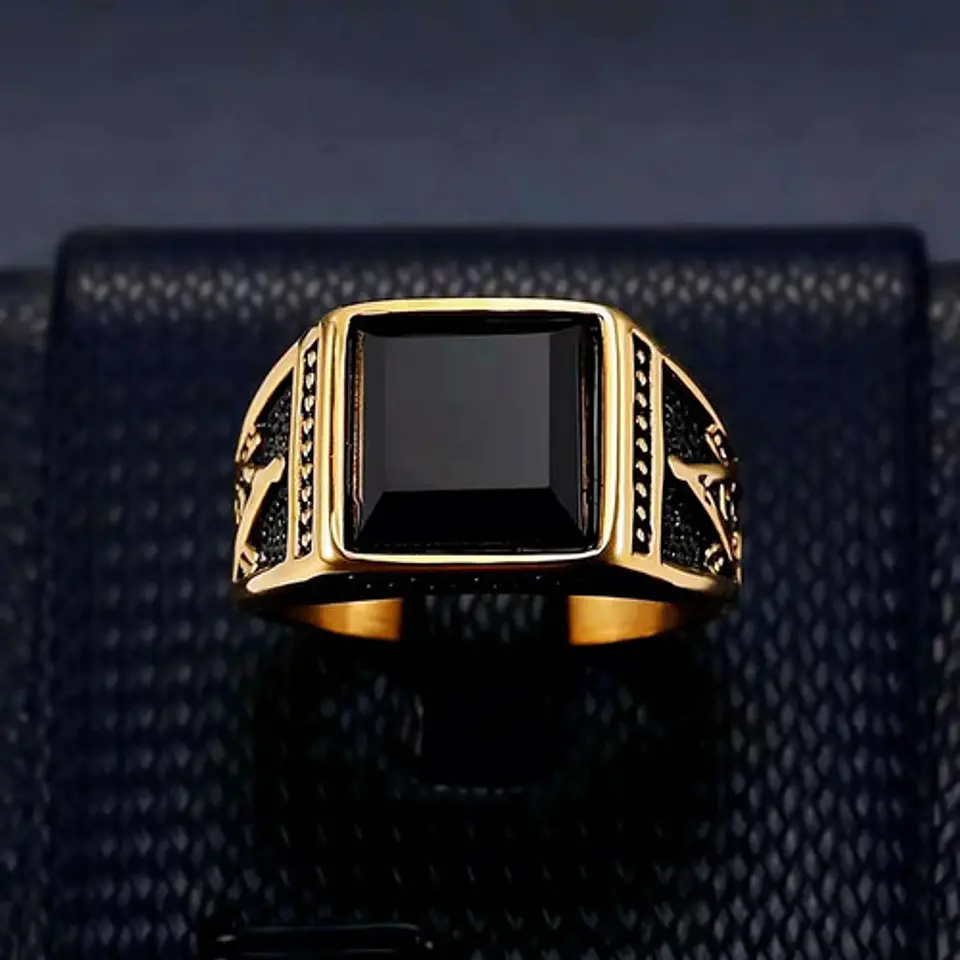 Anillo De Acero Para Hombre Masón Masonería Piedra Negra Cz 13