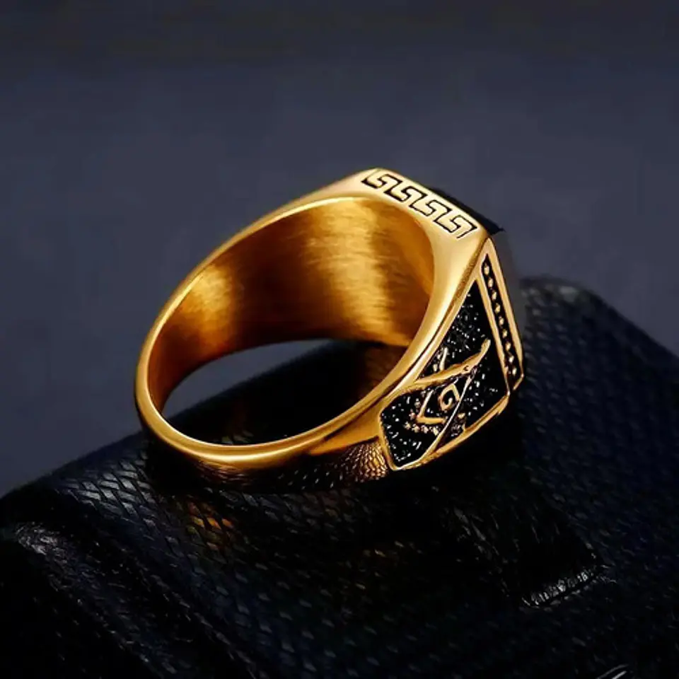 Anillo De Acero Para Hombre Masón Masonería Piedra Negra Cz 14