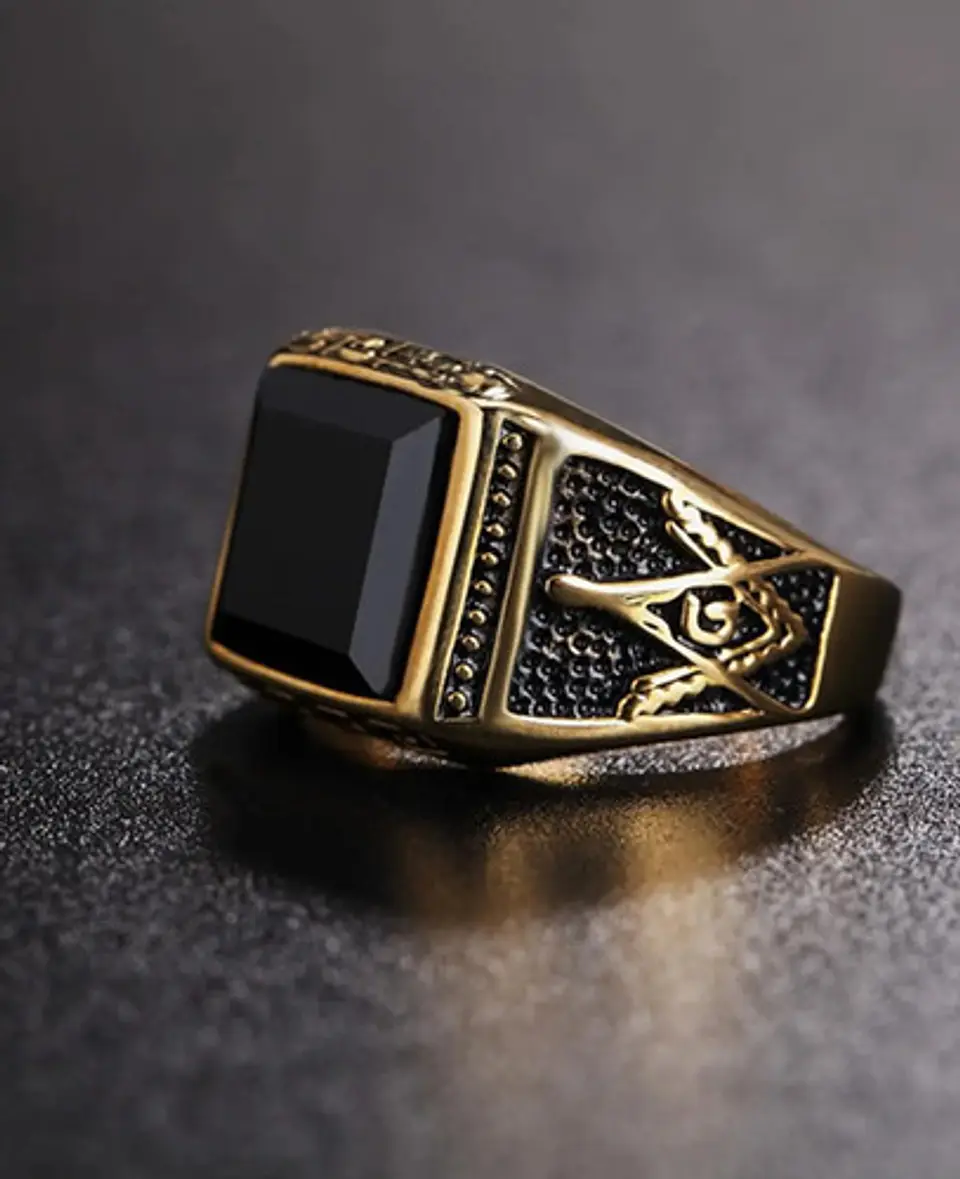 Anillo De Acero Para Hombre Masón Masonería Piedra Negra Cz 15