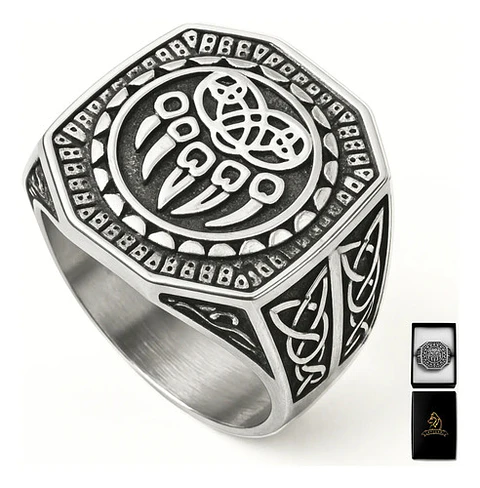 Anillo Garra Lobo Vikingo Plateado Acero Inoxidable Hombre