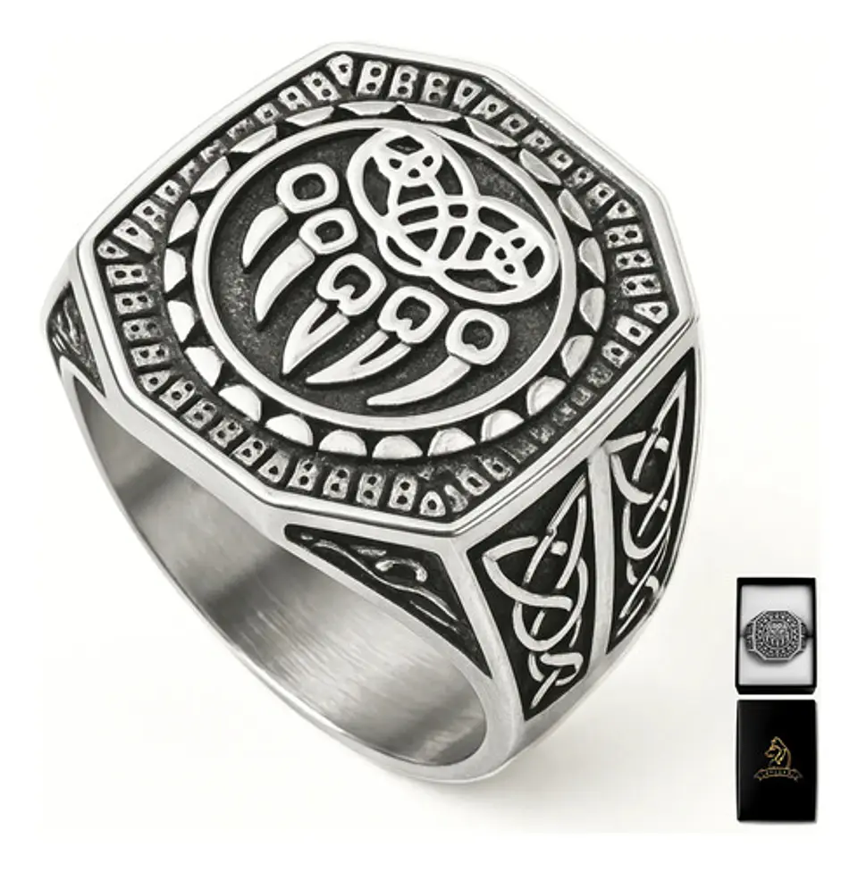 Anillo Garra Lobo Vikingo Plateado Acero Inoxidable Hombre 1