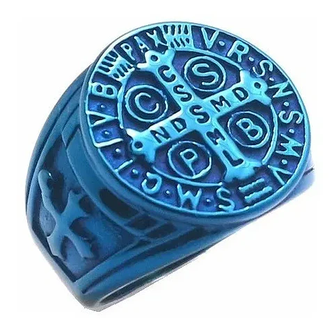 Anillo San Benito Sello Color Azul Acero Inoxidable Hombre