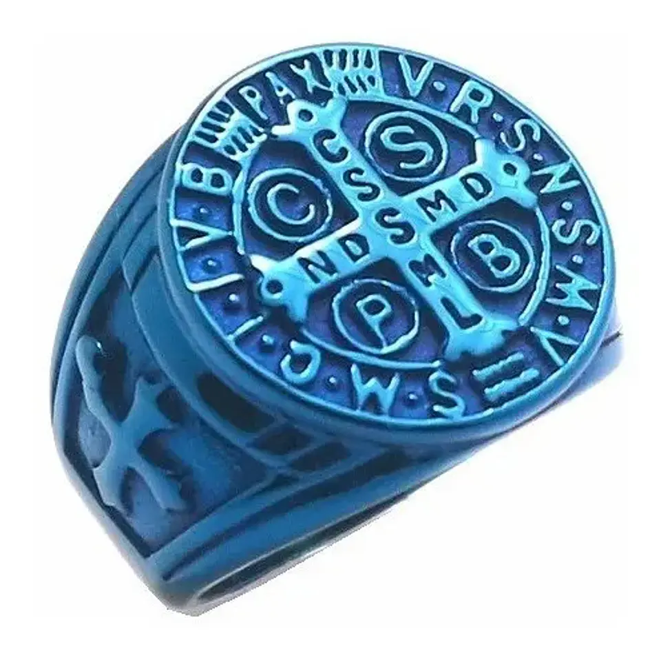 Anillo San Benito Sello Color Azul Acero Inoxidable Hombre 2