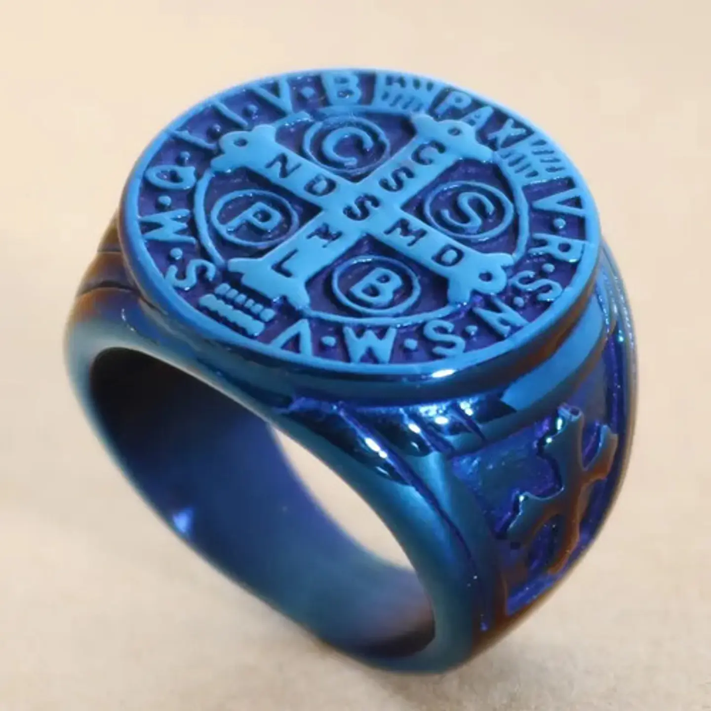 Anillo San Benito Sello Color Azul Acero Inoxidable Hombre 7