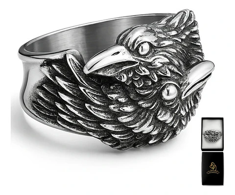 Anillo Hombre Cuervo Hugin Munin Vikingo Color Plata Acero