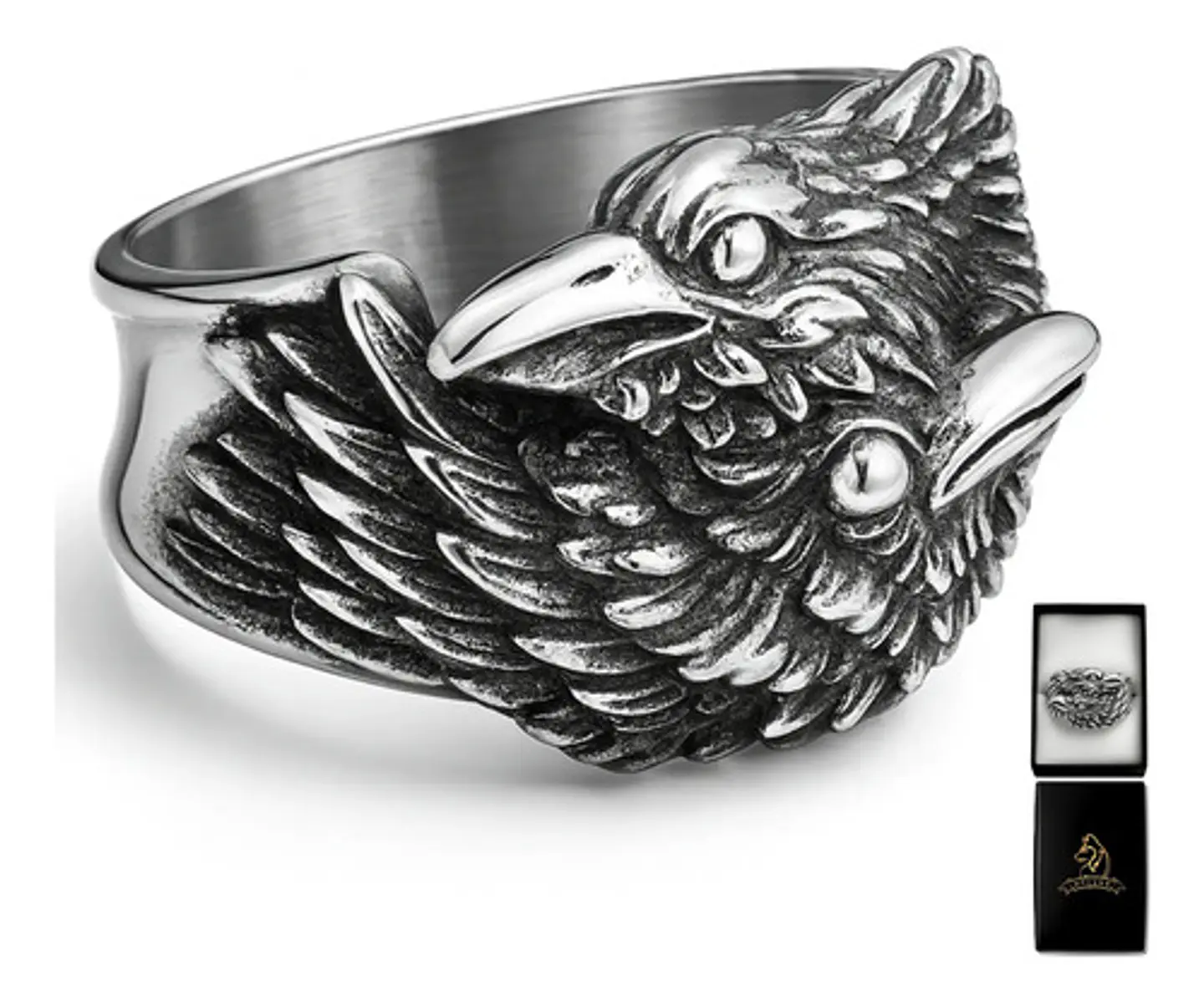 Anillo Hombre Cuervo Hugin Munin Vikingo Color Plata Acero 1