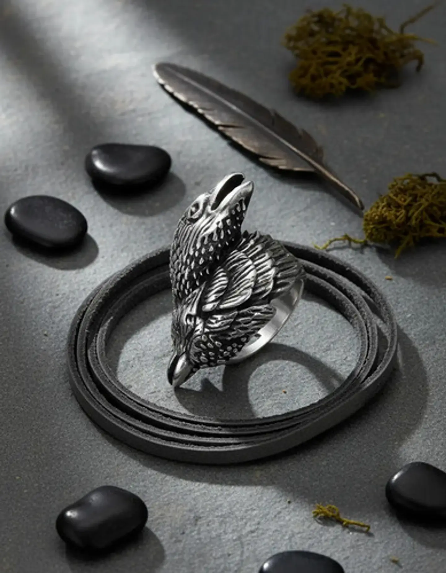 Anillo Hombre Cuervo Hugin Munin Vikingo Color Plata Acero 5