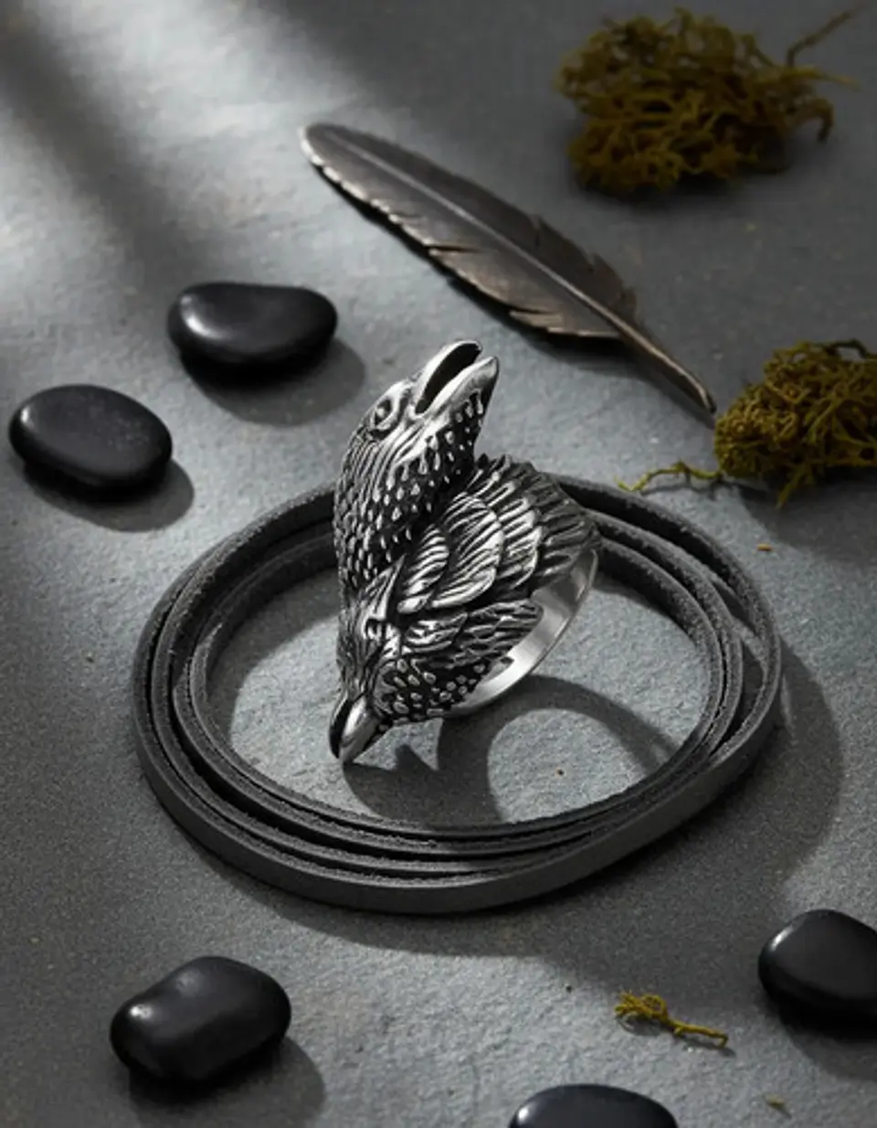 Anillo Hombre Cuervo Hugin Munin Vikingo Color Plata Acero 5