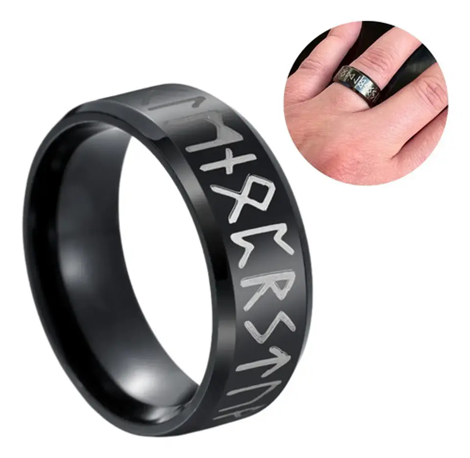 Anillo Color Plata Runas Vikingo Acero Inoxidable Hombre 11