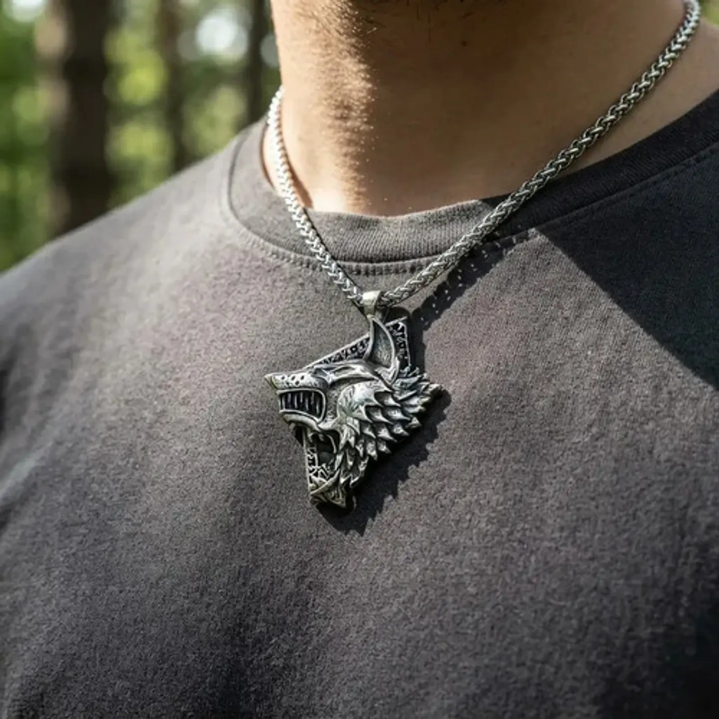 Collar Vikingo En Acero Para Hombre Dije Lobo Fenrir Amuleto 4