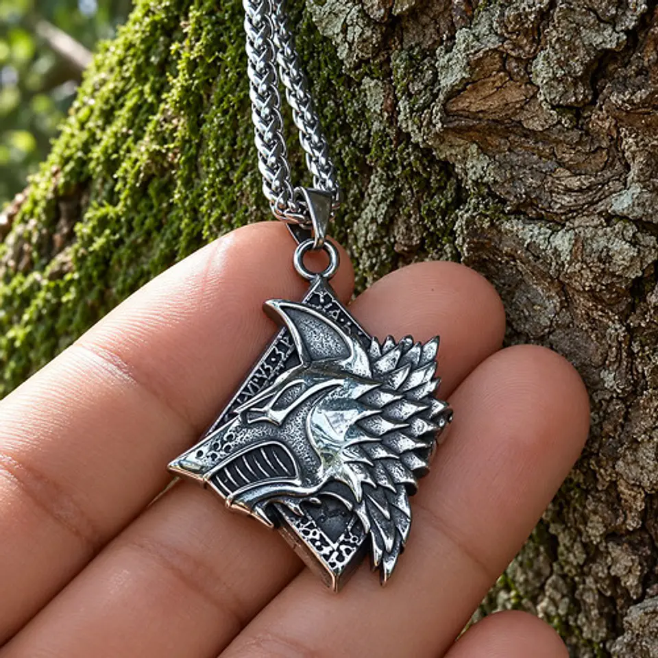 Collar Vikingo En Acero Para Hombre Dije Lobo Fenrir Amuleto 5