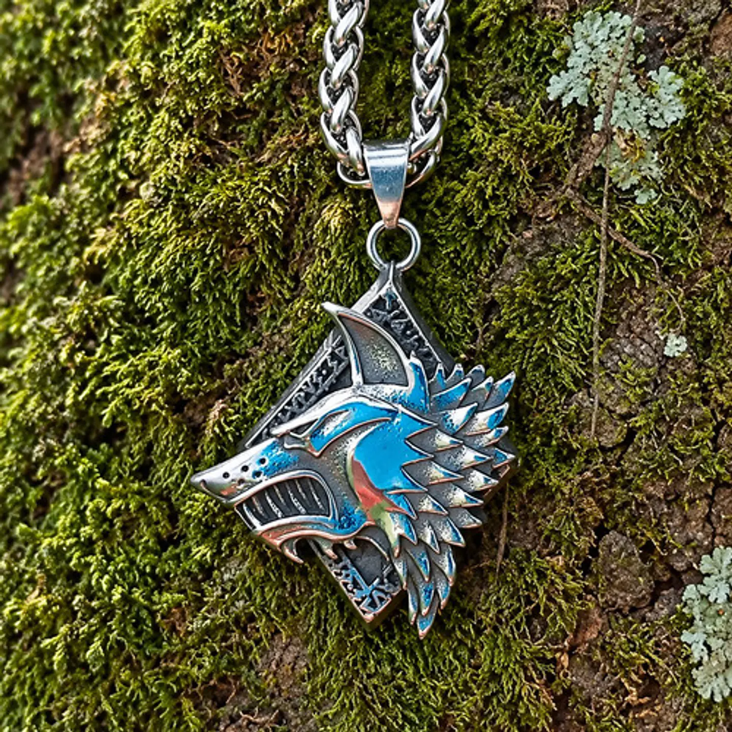 Collar Vikingo En Acero Para Hombre Dije Lobo Fenrir Amuleto 6