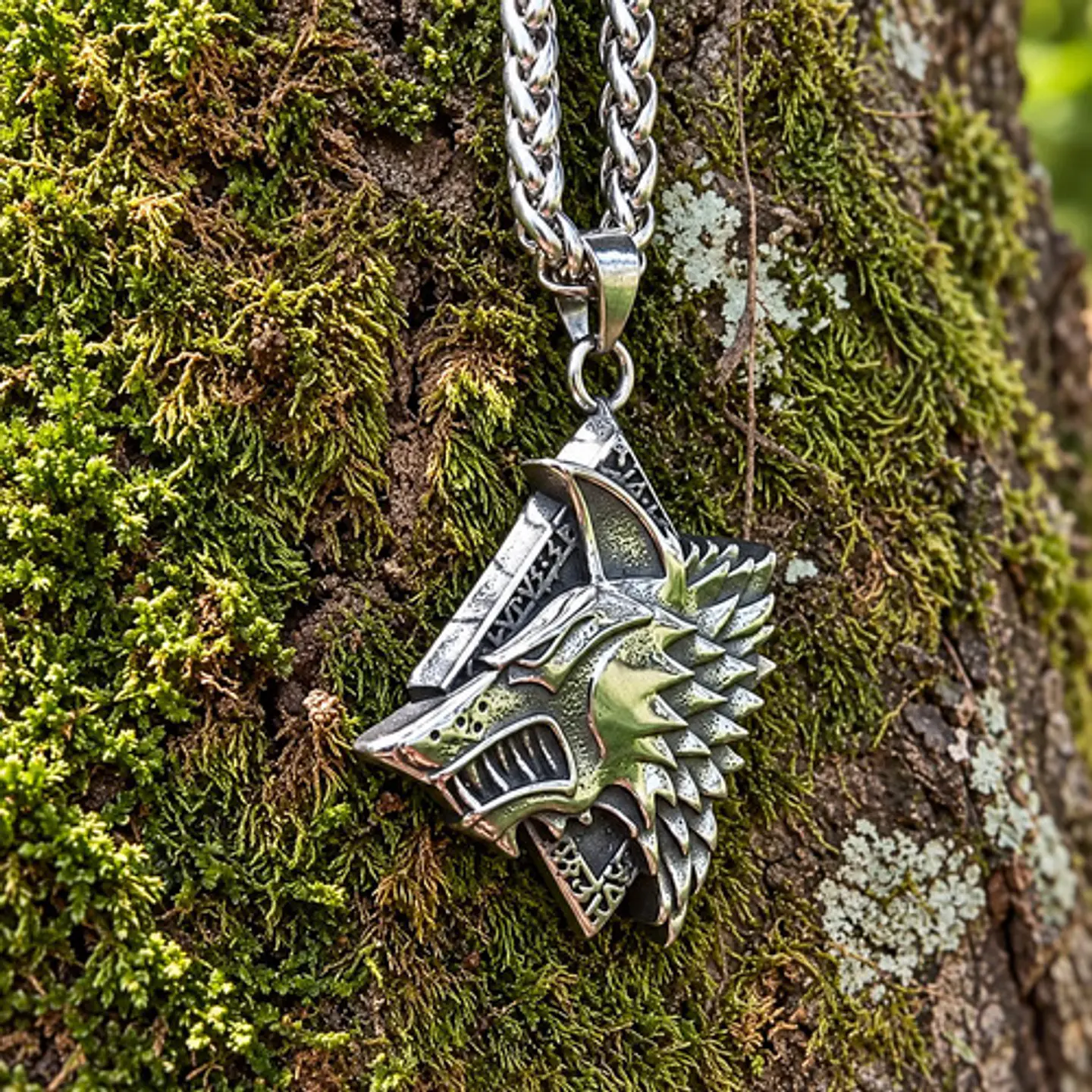 Collar Vikingo En Acero Para Hombre Dije Lobo Fenrir Amuleto 8