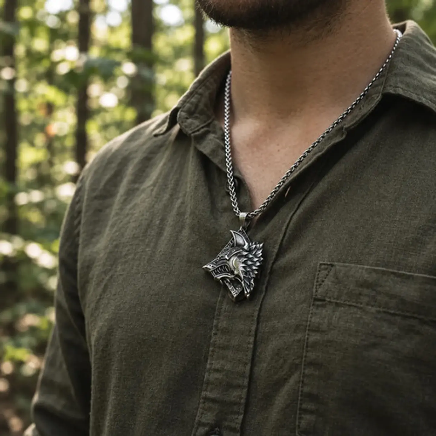 Collar Vikingo En Acero Para Hombre Dije Lobo Fenrir Amuleto 10