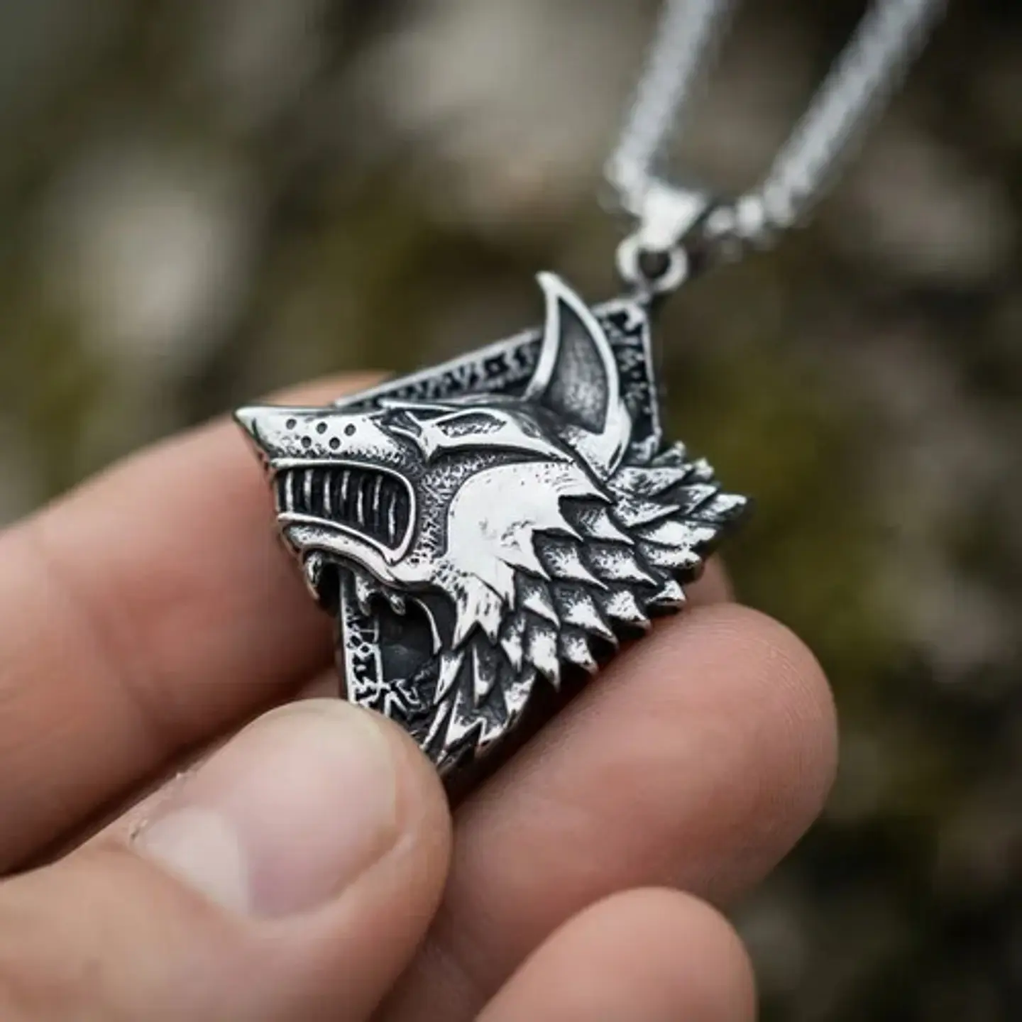 Collar Vikingo En Acero Para Hombre Dije Lobo Fenrir Amuleto 12