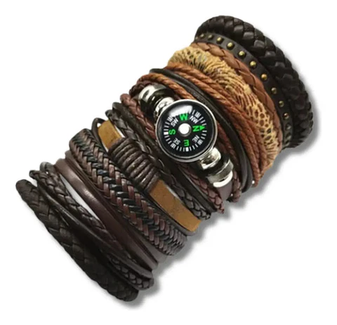 Set 10 Manillas Pulsera Brazalete Cuero Brújula Cuero Hombre